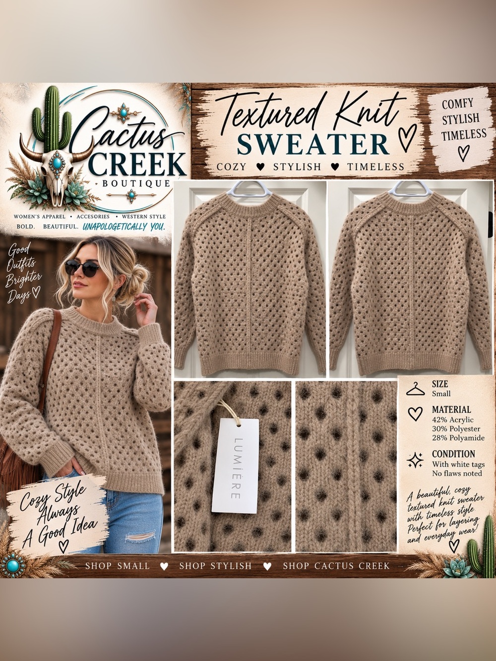 Lumiere Beige Knit Crew Neck Sweater Size S - NWT